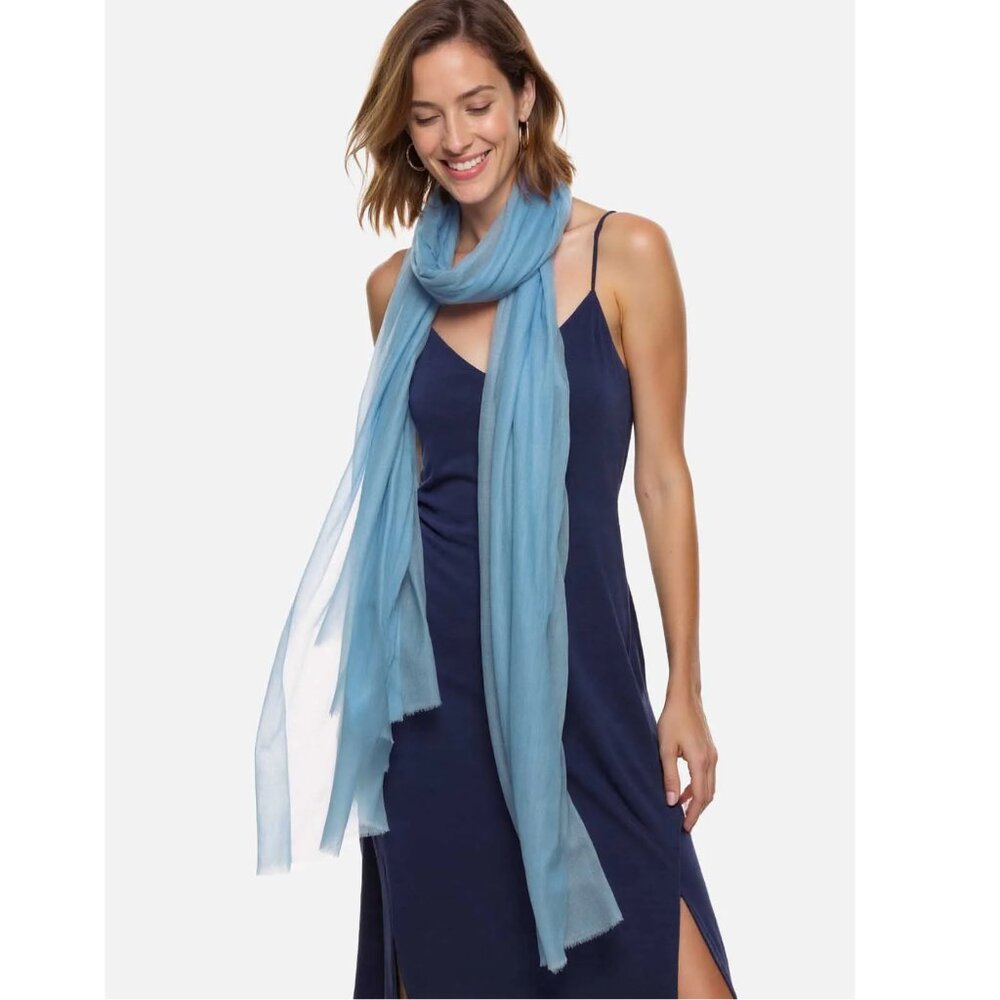 NWOT Cashmere Scarf Wrap Featherweight Tissue Weight Periwinkle Blue Ovcio